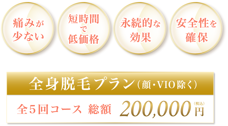 痛みが少ない 短時間で低価格 永続的な効果 安全性を確保 全身脱毛プラン(顔・VIO除く) 全5回コース総額 200,000円税込