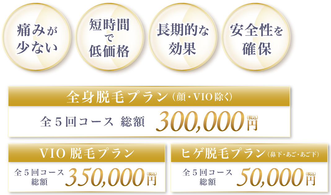 痛みが少ない 短時間で低価格 長期的な効果 安全性を確保 全身脱毛プラン(顔・VIO除く) 全5回コース 総額 300,000円(税込) VIO脱毛プラン 全5回コース 総額 350,000円(税込) ヒゲ脱毛プラン(鼻下・あご・あご下) 全5回コース 総額 50,000円(税込)