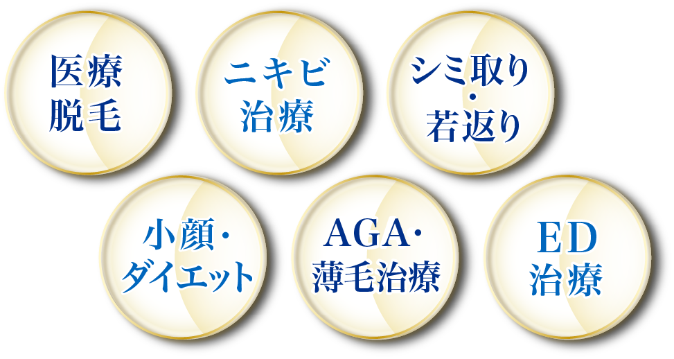 医療脱毛 ニキビ治療 シミ取り・若返り 小顔・ダイエット AGA・薄毛治療 ED治療